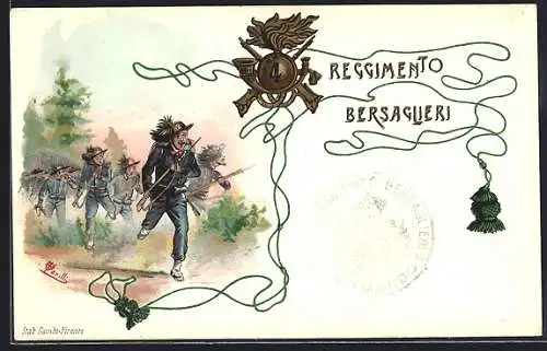 AK Infanterie, 4. Reggimento Bersaglieri, Soldaten stürmen in die Schlacht, Wappen