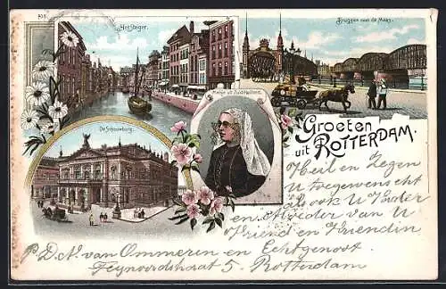 Lithographie Rotterdam, Bruggen over de Maas, Meisje uit Zuid-Holland, Het Steiger