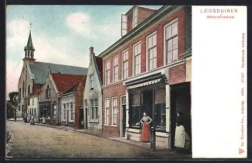 AK Loosduinen, Wilhelminastraat, Strassenpartie mit Kirche