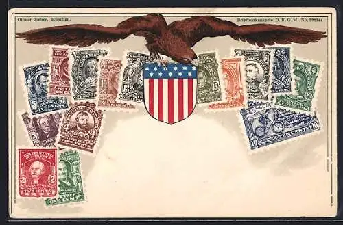AK Briefmarken der USA, Wappen & Adler