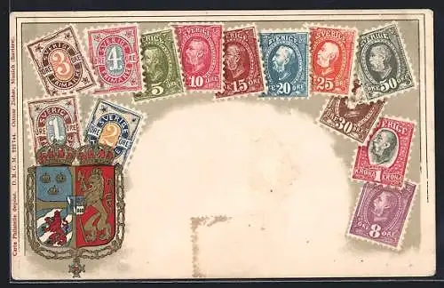 AK Schweden /Sverige, Wappen und Briefmarken