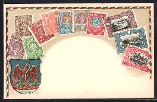 Lithographie Mexiko, Briefmarken und Wappen