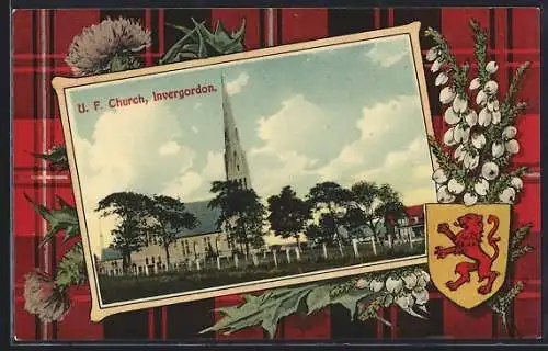 AK Invergordon, U. F. Church, Wappen mit Maiglöckchen, Passepartout