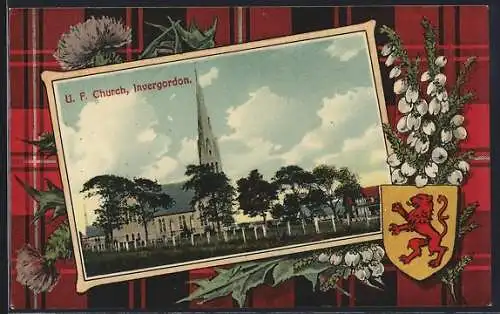 AK Invergordon, U. F. Church, Wappen mit Maiglöckchen, Passepartout