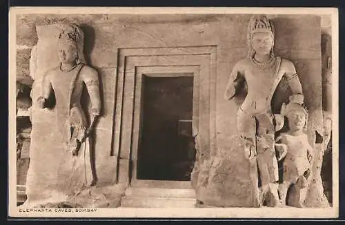 AK Bombay, Elephanta Caves, Eingang mit Statuen