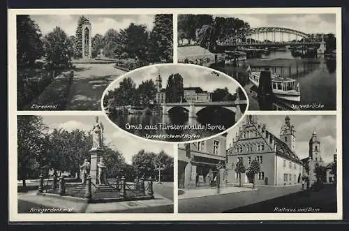 AK Fürstenwalde / Spree, Ehrenmahl, Kriegerdenkmal, Spreebrücke, Rathaus und Dom, Spreebrücke mit Hafen