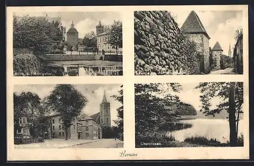 AK Bernau / Mark, Blick zum Königstor, Stadtmauerpartie, Mühlenstrasse mit der St. Marienkirche, Liepnitzsee