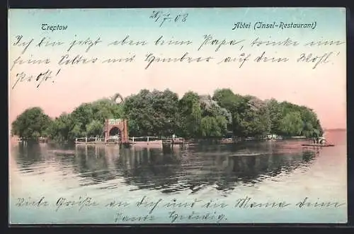 AK Treptow, Abtei, Insel-Restaurant, Blick vom Wasser aus