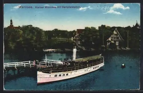 AK Berlin-Wannsee, Kleiner Wannsee mit Dampferstation, Ausflugsdampfer am Landungssteg