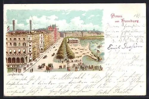 Lithographie Hamburg, Jungfernstieg mit Alsterufer