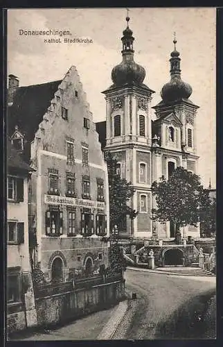 AK Donaueschingen, Katholische Stadtkirche und Feinbäckerei