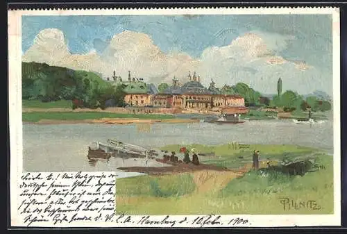 Künstler-AK Dresden-Pillnitz, Flusspartie mit Blick auf das Schloss