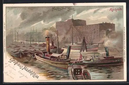 Lithographie Mannheim, Hafenpartie mit Fischerbooten