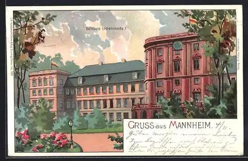 Lithographie Mannheim, Rheinseite vom Schloss