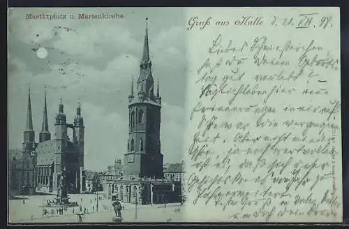 Mondschein-AK Halle a. d. S., Marktplatz u. Marienkirche