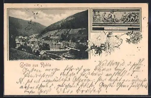 AK Ruhla, Ortsansicht und Motiv vom Relief an der Landgrafenschmiede