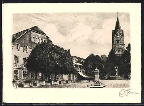 Künstler-AK Bad Buckow /Märk. Schweiz, Marktplatz mit Linden Hotel
