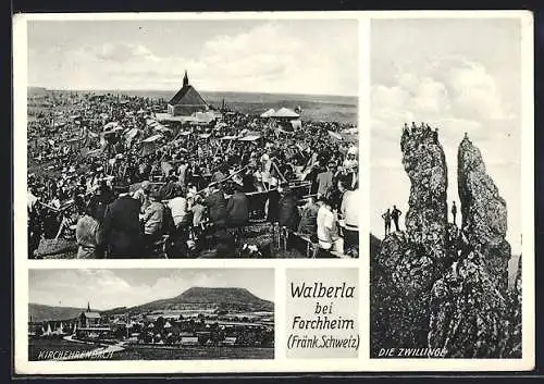 AK Walberla bei Forchheim, Die Zwillinge mit Bergsteigern, Kirchehrenbach und Kirche mit vielen Besuchern