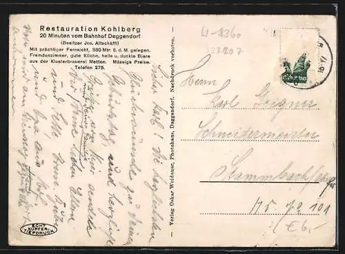 AK Deggendorf, Gasthaus und Restauration Kohlberg, Bes. Jos. Altschäffl