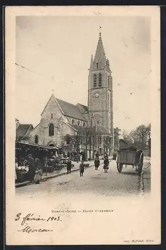 AK Vitry-sur-Seine, Église St-Germain et scène de rue animée