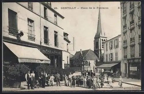 AK Gentilly, Place de la Fontaine animée avec église en arrière-plan