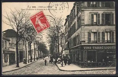 AK Ivry-sur-Seine, Place Parmentier et Avenue de la République, scène de rue animée