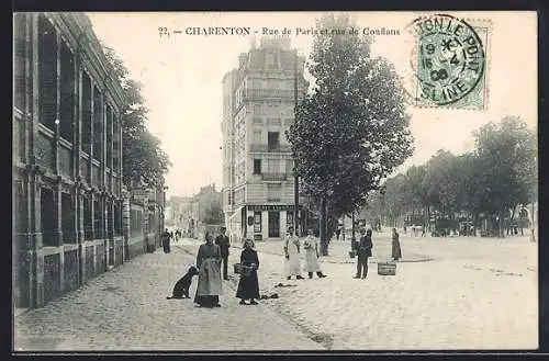 AK Charenton, Rue de Paris et rue de Conflans avec des passants et bâtiments historiques