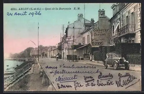 AK Ablon, Quai de la Baronnie avec voiture ancienne et auberge en bord de Seine