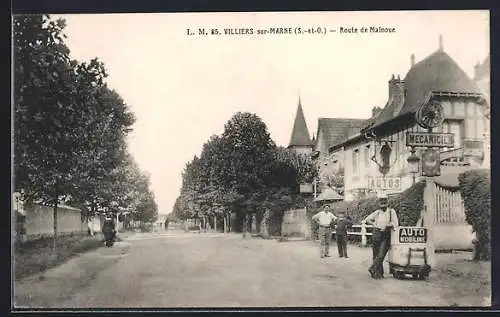 AK Villiers-sur-Marne, Route de Malnoue avec garage automobile et passants