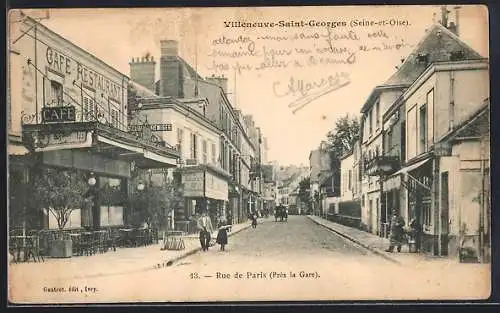 AK Villeneuve-Saint-Georges, Rue de Paris près de la gare avec café et restaurants