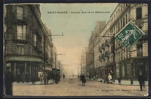 AK Saint-Mandé, Grande Rue de la République avec calèche et passants