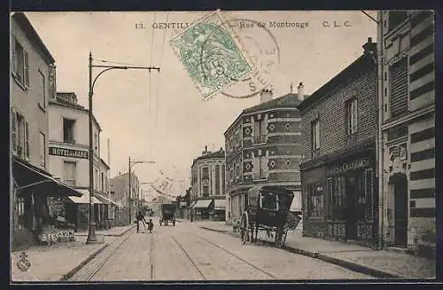 AK Gentilly, Rue de Montrouge avec calèche et commerces