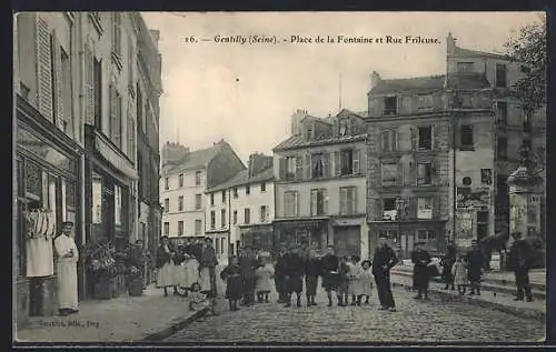 AK Gentilly, Place de la Fontaine et Rue Frieluse