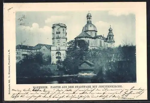AK Mannheim, Partie aus dem Stadtpark mit Jesuitenkirche