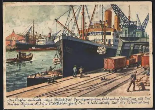Künstler-AK Bremen, Löschen einer Kaffee-Ladung im Bremer Hafen