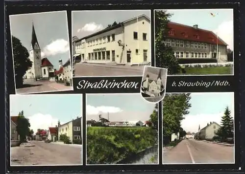 AK Strasskirchen / Niederbayern, Strassenpartie mit Kirche, Kreissparkasse