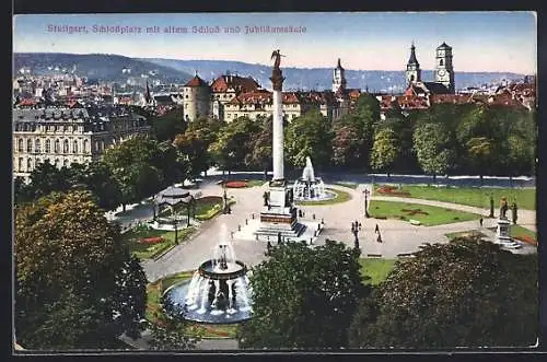 AK Stuttgart, Schlossplatz mit altem Schloss und Jubiläumsäule