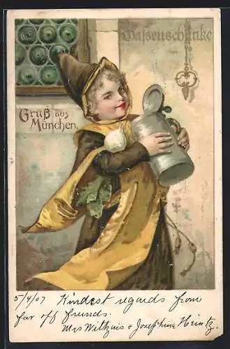 Lithographie München, Münchner Kindl mit Bierkrug vor dem Gasthaus Gassenschänke