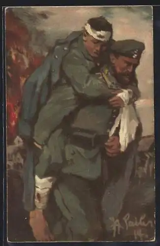 AK Sanitäter trägt Verwundeten auf der Schulter, Rotes Kreuz