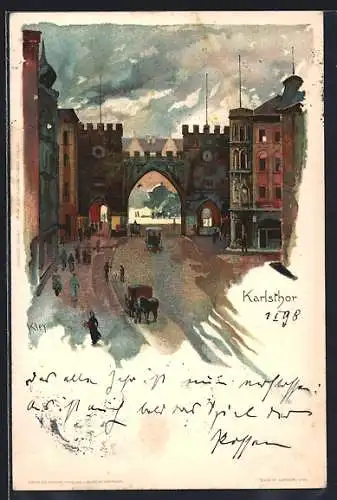 Künstler-AK Heinrich Kley: München, Strassenpartie mit Karlsthor