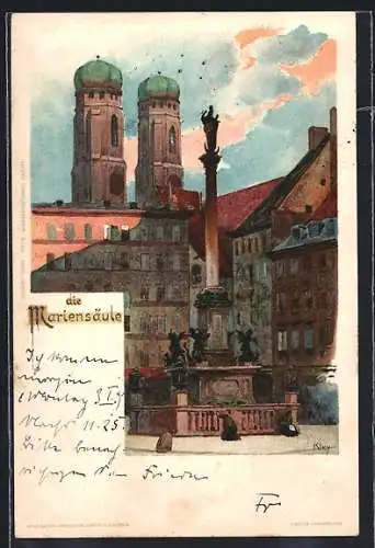 Künstler-AK Heinrich Kley: München, die Mariensäule mit Blick zum Zwillingsturm der Frauenkirche