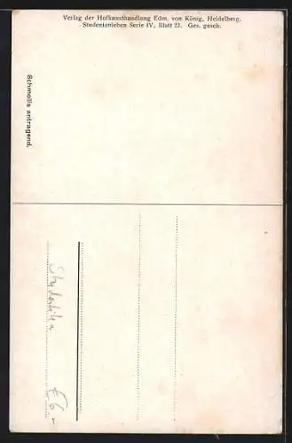 Künstler-AK Georg Mühlberg: Schmollis antragend, zwei Studenten trinken Bier