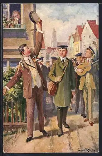 Künstler-AK Georg Mühlberg: Studenten musizieren in der Stadt