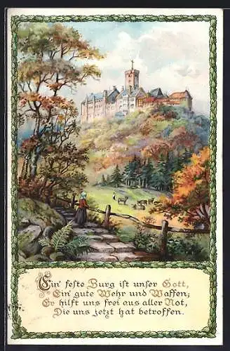 Künstler-AK Eisenach, Wartburg, Bauersfrau blickt auf Herde, Gedicht, Ein feste Burg ist unser Gott