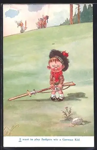 Künstler-AK T. Gilson: kleiner schottischer Soldat möchte mit Deutschen spielen