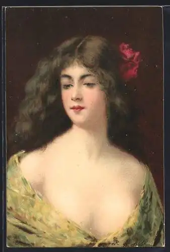 Künstler-AK Angelo Asti: Junges Mädchen mit roter Blüte im langen Haar