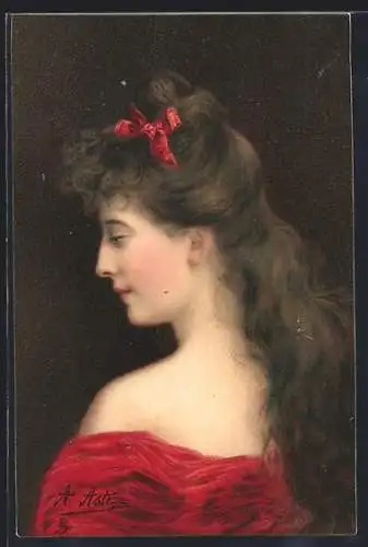 Künstler-AK Angelo Asti: Junge Frau mit langen Haaren