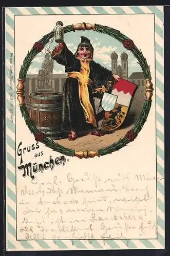 Lithographie München, Münchner Kindl mit Bierkrug und Wappen, Im Hintergrund Kirche