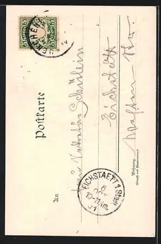 Lithographie München, Münchner Kindl mit Bierkrug und Wappen, Im Hintergrund Kirche