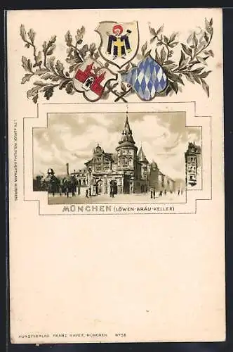 Passepartout-Lithographie München, Löwenbräu-Keller, Münchener Kindl, Wappen